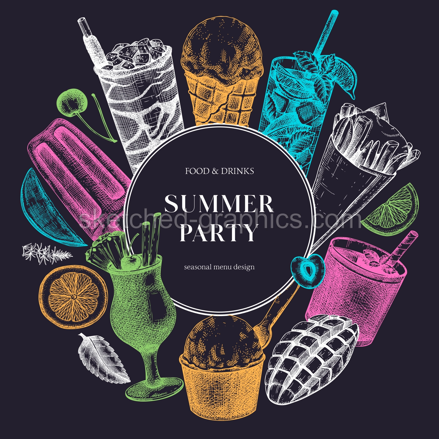 Summer party banner. Non-alcoholic beverage, mocktail, ice cream, fruit, cocktail sketches. Hand drawn vector illustration. Summer food and drink bar menu. Tropical design on chalkboard Illustration